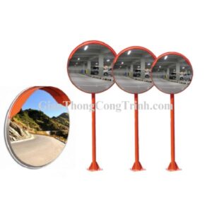 Gương cầu lồi tròn viền cam lắp trên trụ đứng, đặt ở hầm xe và đường đèo